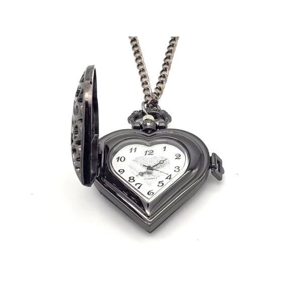 Black Heart Pendant Watch - Gothic Filigree Necklace Locket Watch Gift for Her - Picture 5 of 10